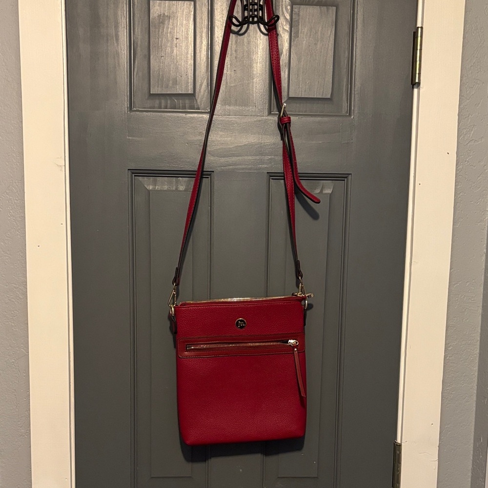 JM Red Crossbody Bag with Gold Accents and Adjustable Strap